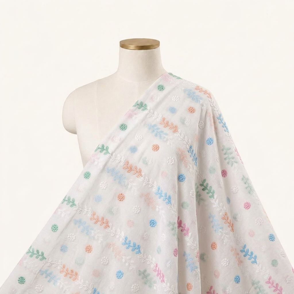 Embroidery White Embroidery Cotton Fabric Draped as a saree