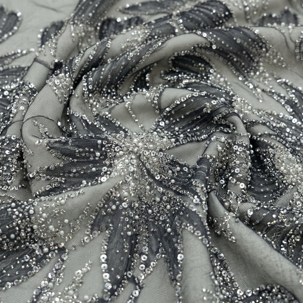 Swirled Embroidery Black Embroidery Net Fabric