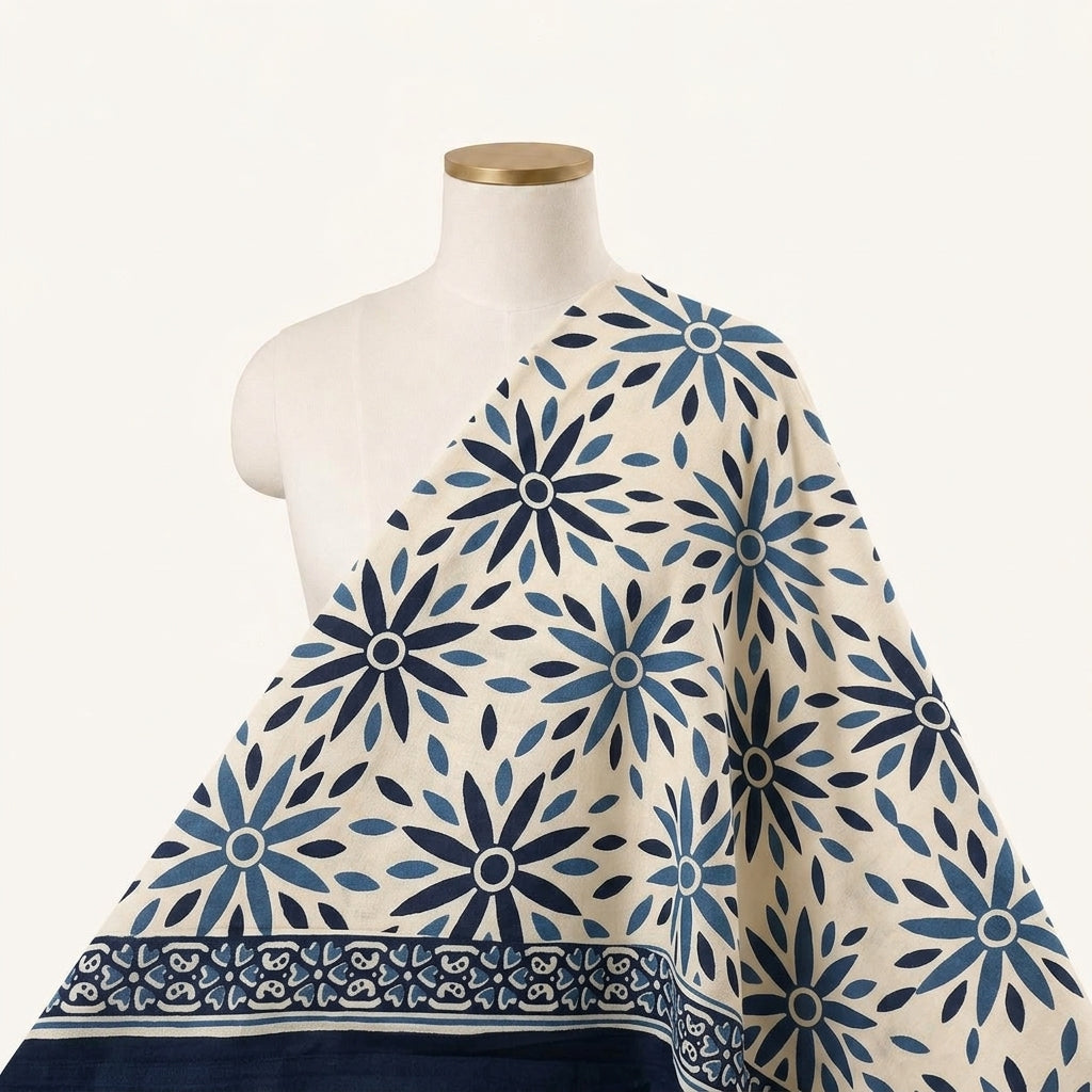 Floral Cream Floral Cotton Fabric Draped as a saree