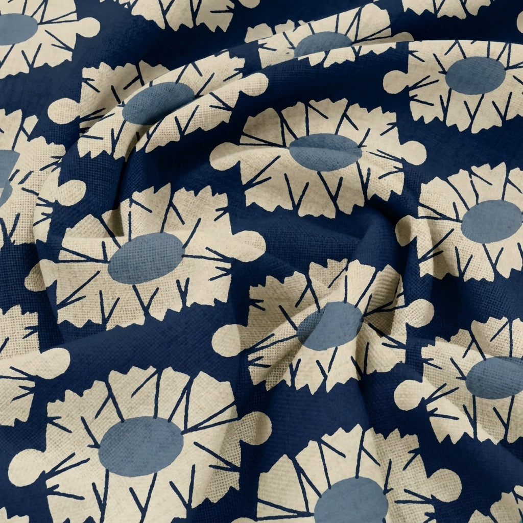 Swirled Floral Navy Blue Floral Cotton Fabric