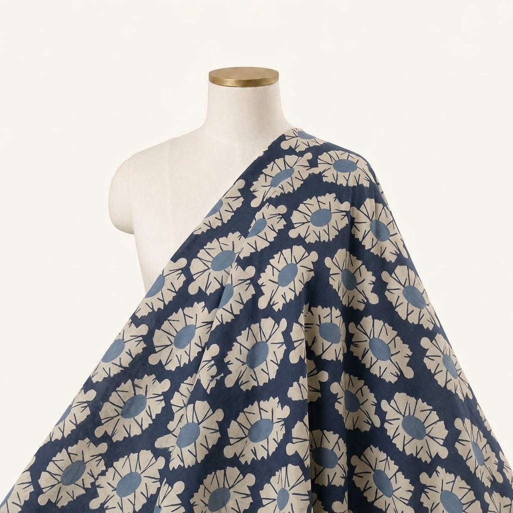 Floral Navy Blue Floral Cotton Fabric Draped as a saree