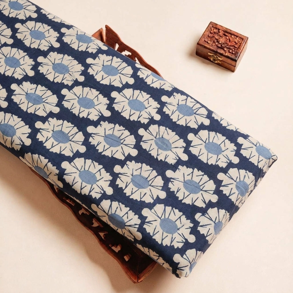 Folded Navy Blue Floral Cotton Fabric Highlighting Border and Texture