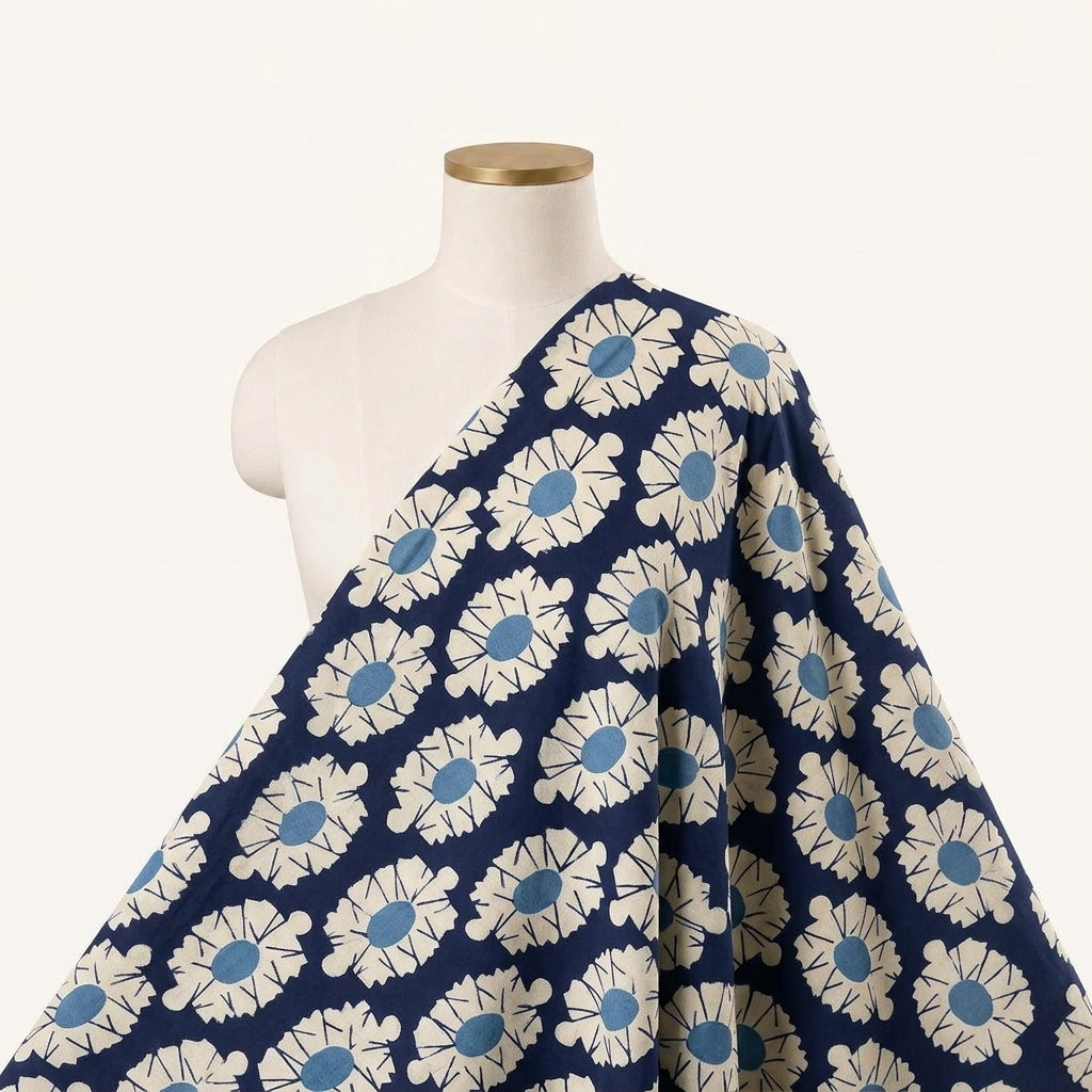 Floral Blue Floral Cotton Fabric Draped as a saree