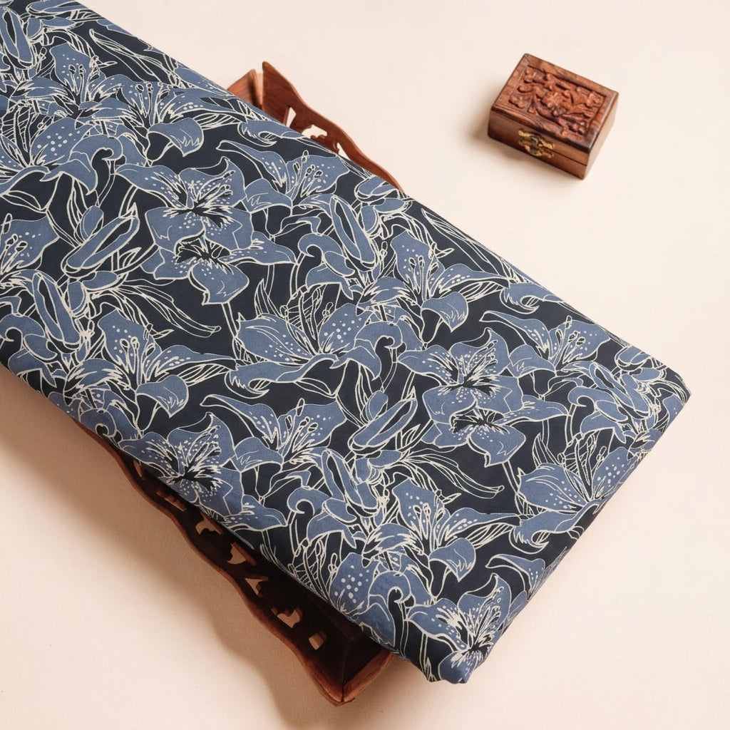 Floral Black Floral Cotton Fabric on a wooden tray