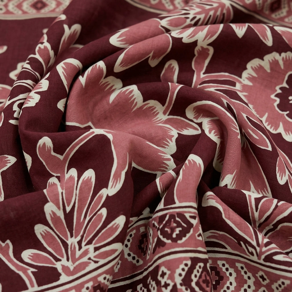 Swirled Floral Maroon Floral Cotton Fabric