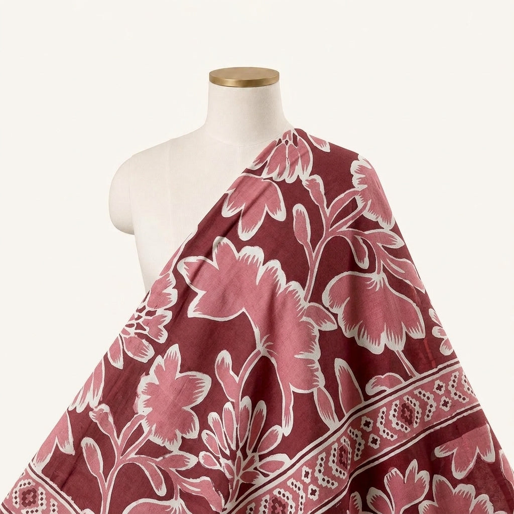 Floral Maroon Floral Cotton Fabric Draped as a saree