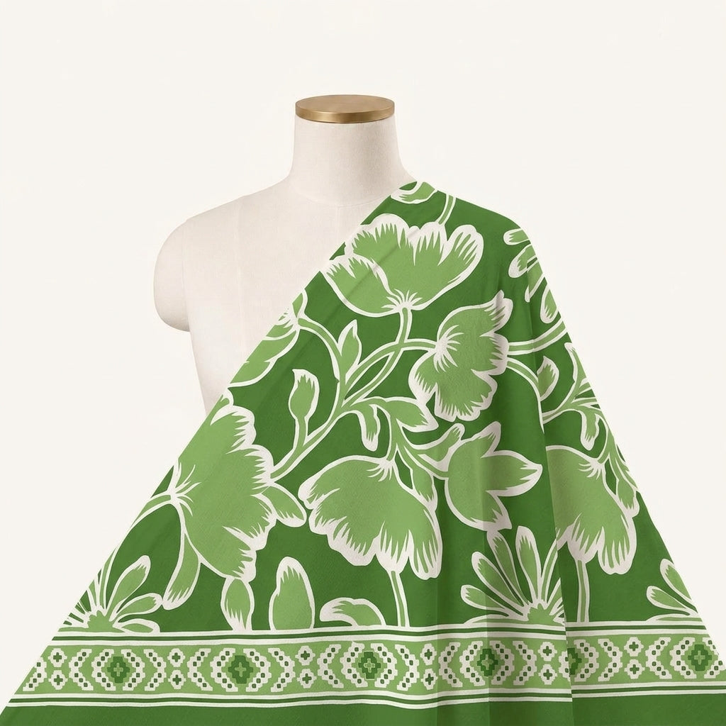 Floral Green Floral Cotton Fabric Draped as a saree