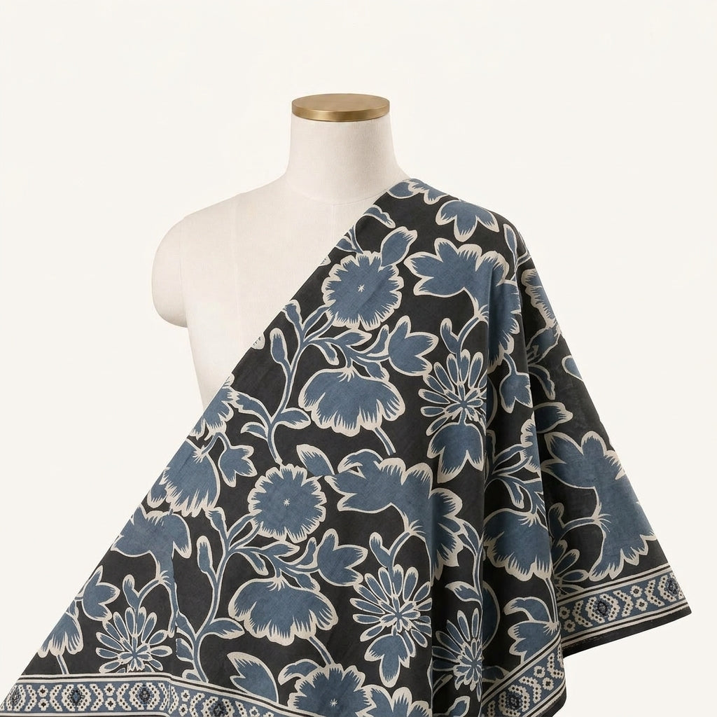 Floral Black Floral Cotton Fabric Draped as a saree