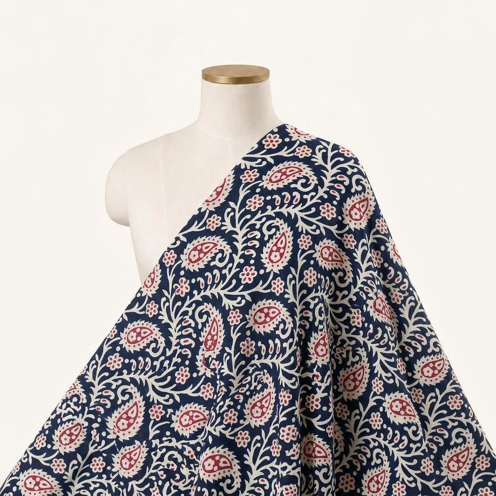 Paisley Black Paisley Cotton Fabric Draped as a saree