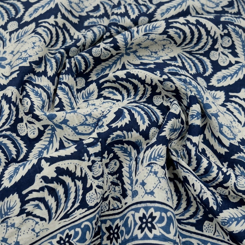 Swirled Floral Navy Blue Floral Cotton Fabric