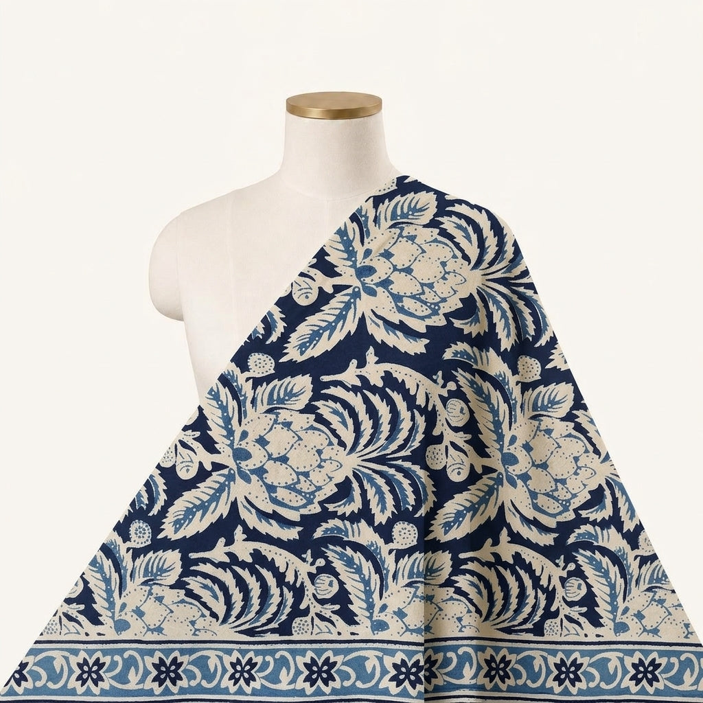 Floral Navy Blue Floral Cotton Fabric Draped as a saree