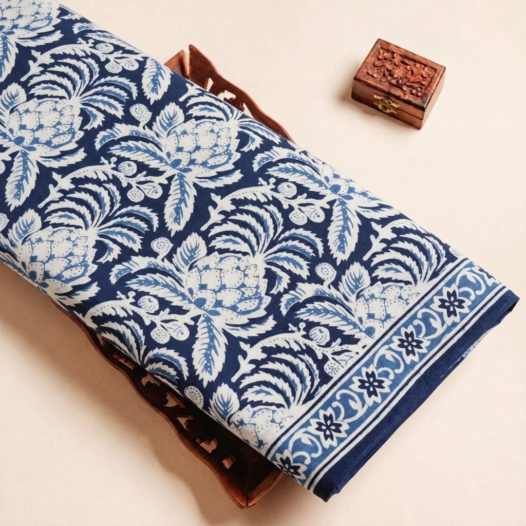 Folded Navy Blue Floral Cotton Fabric Highlighting Border and Texture