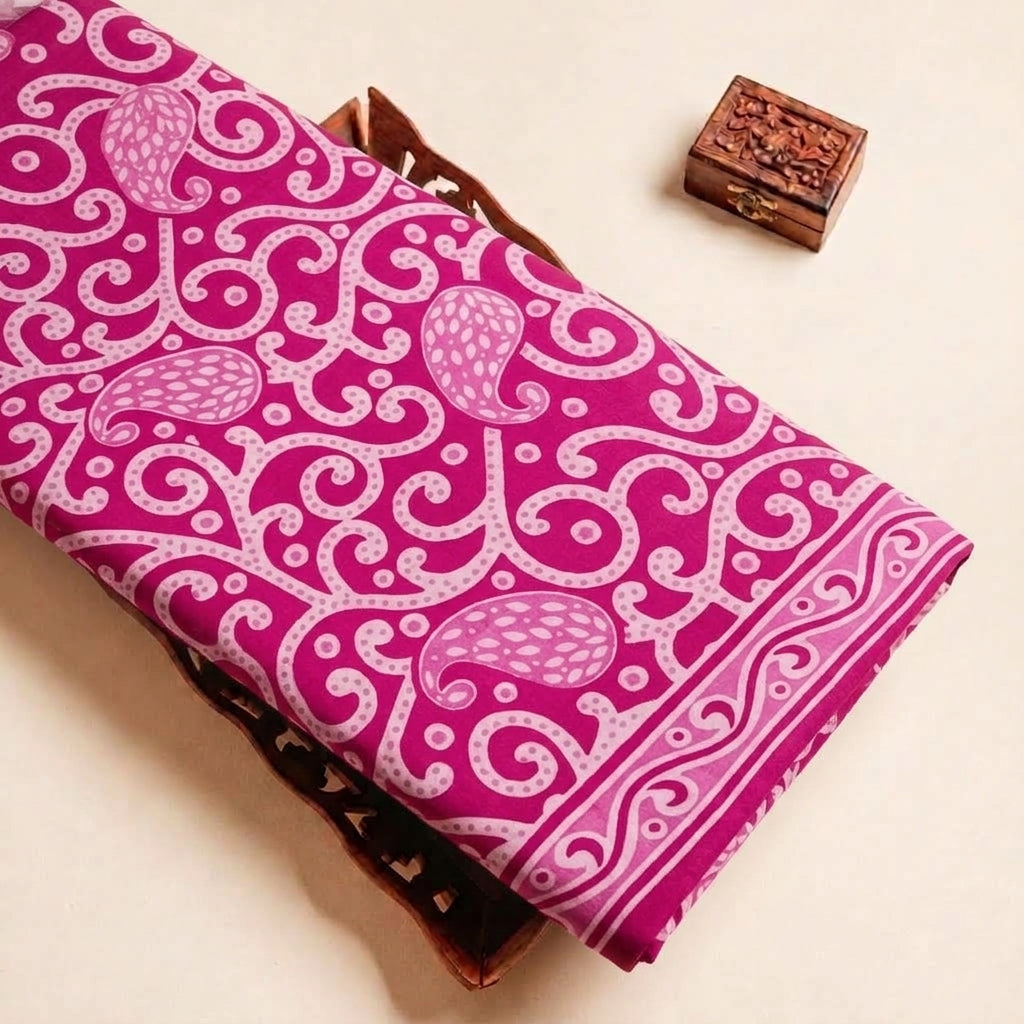 Folded Pink Floral Cotton Fabric Highlighting Border and Texture