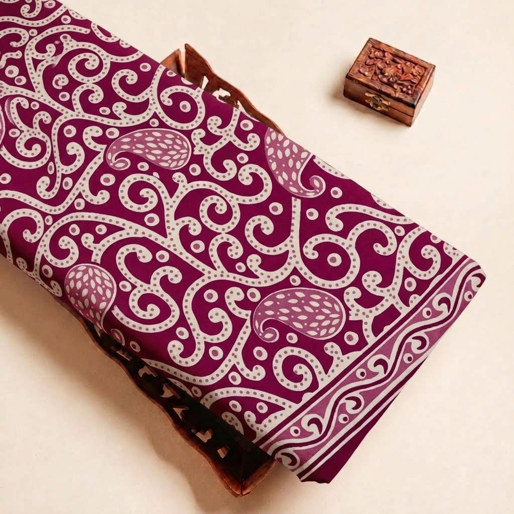 Folded Wine Floral Cotton Fabric Highlighting Border and Texture