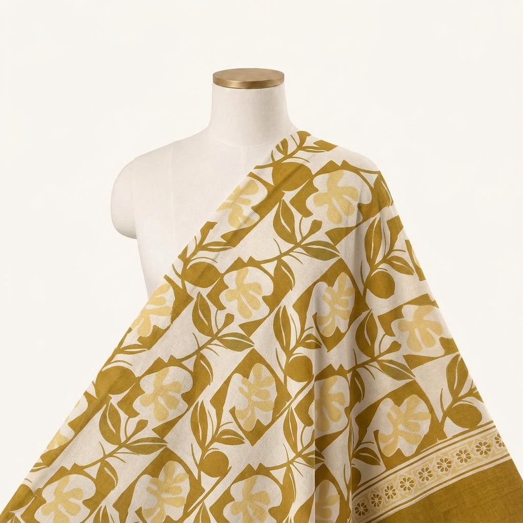 Floral Mustard Yellow Floral Cotton Fabric Draped as a saree