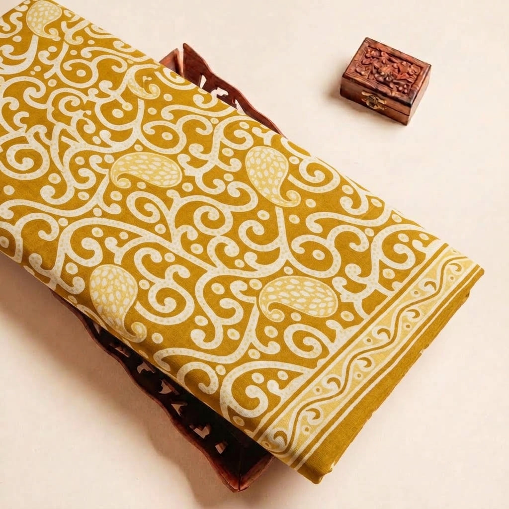 Folded Yellow Paisley Cotton Fabric Highlighting Border and Texture