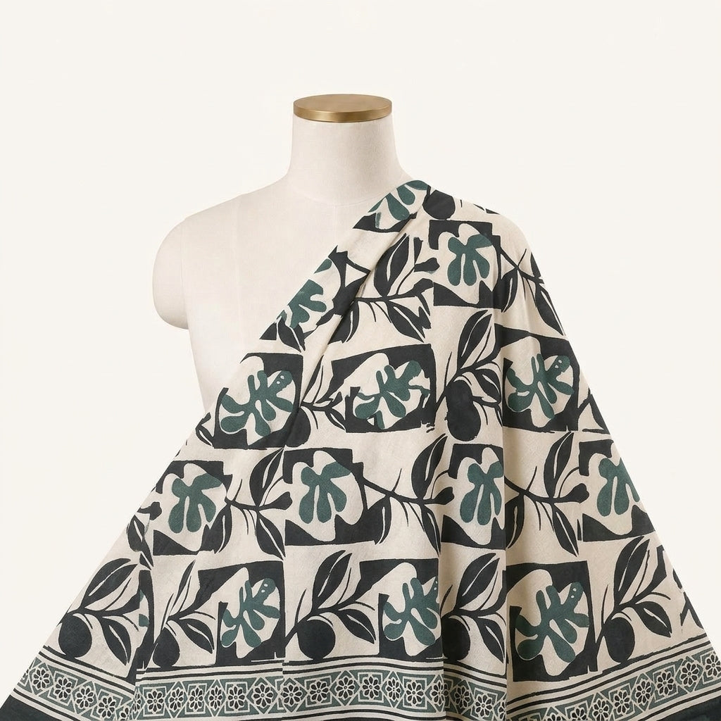 Floral Green Floral Cotton Fabric Draped as a saree