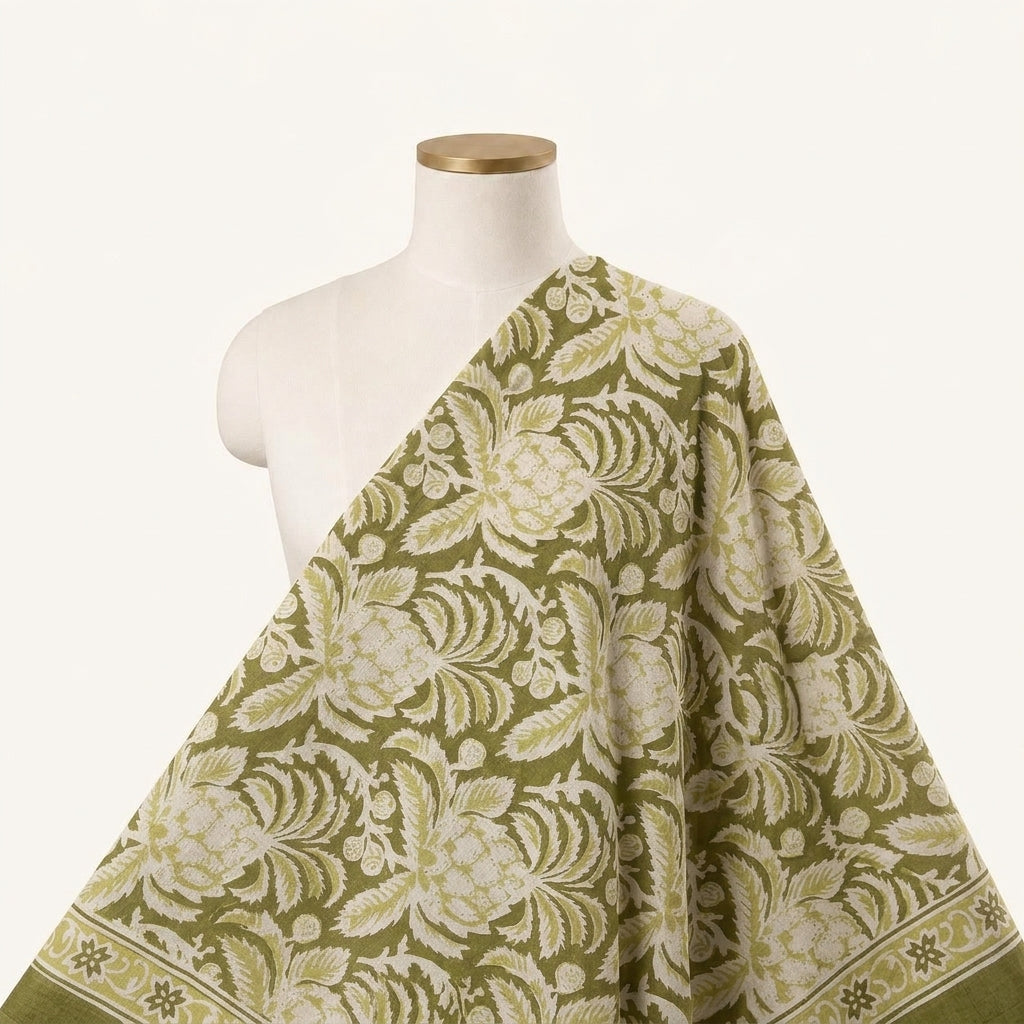 Floral Mint Green Floral Cotton Fabric Draped as a saree