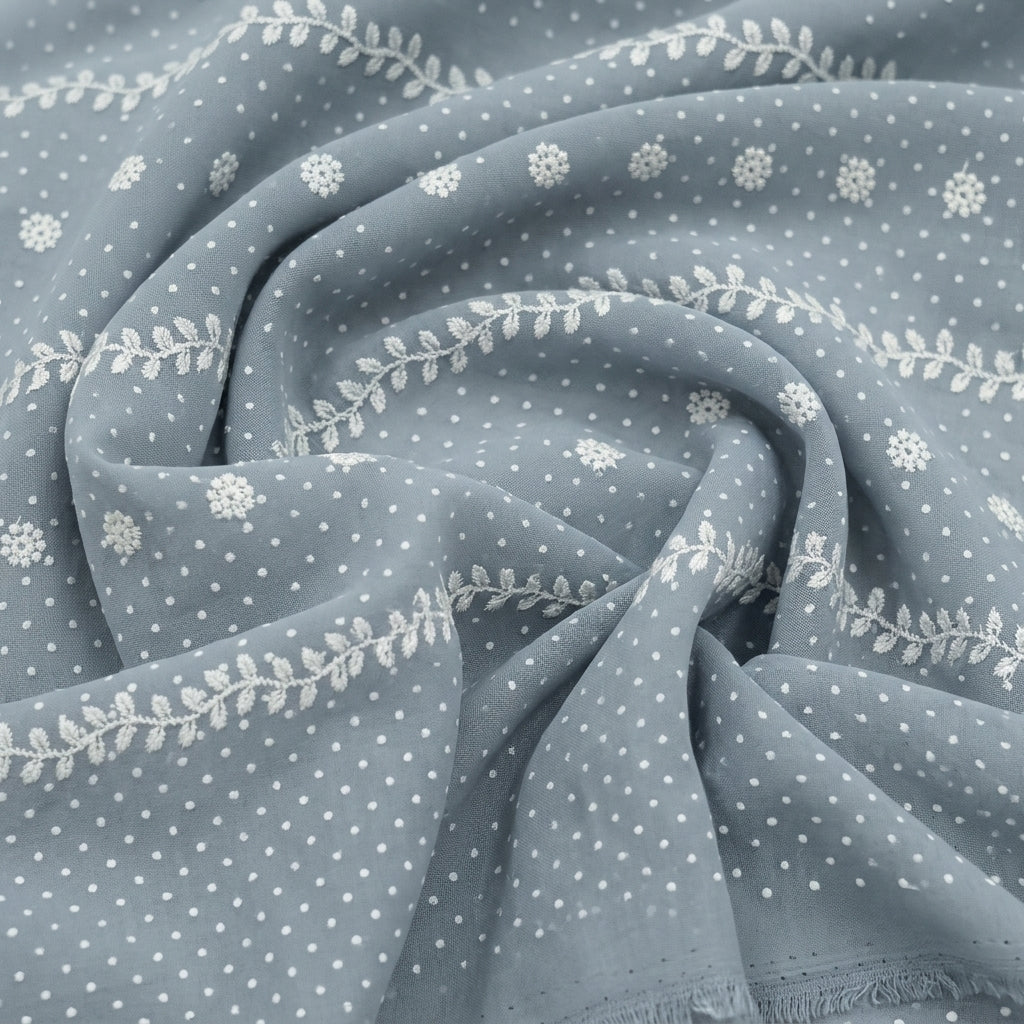 Swirled Embroidery Grey Embroidery Cotton Fabric