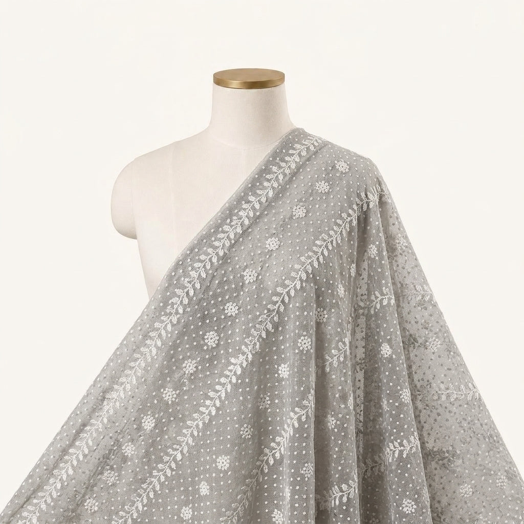 Embroidery Grey Embroidery Cotton Fabric Draped as a saree