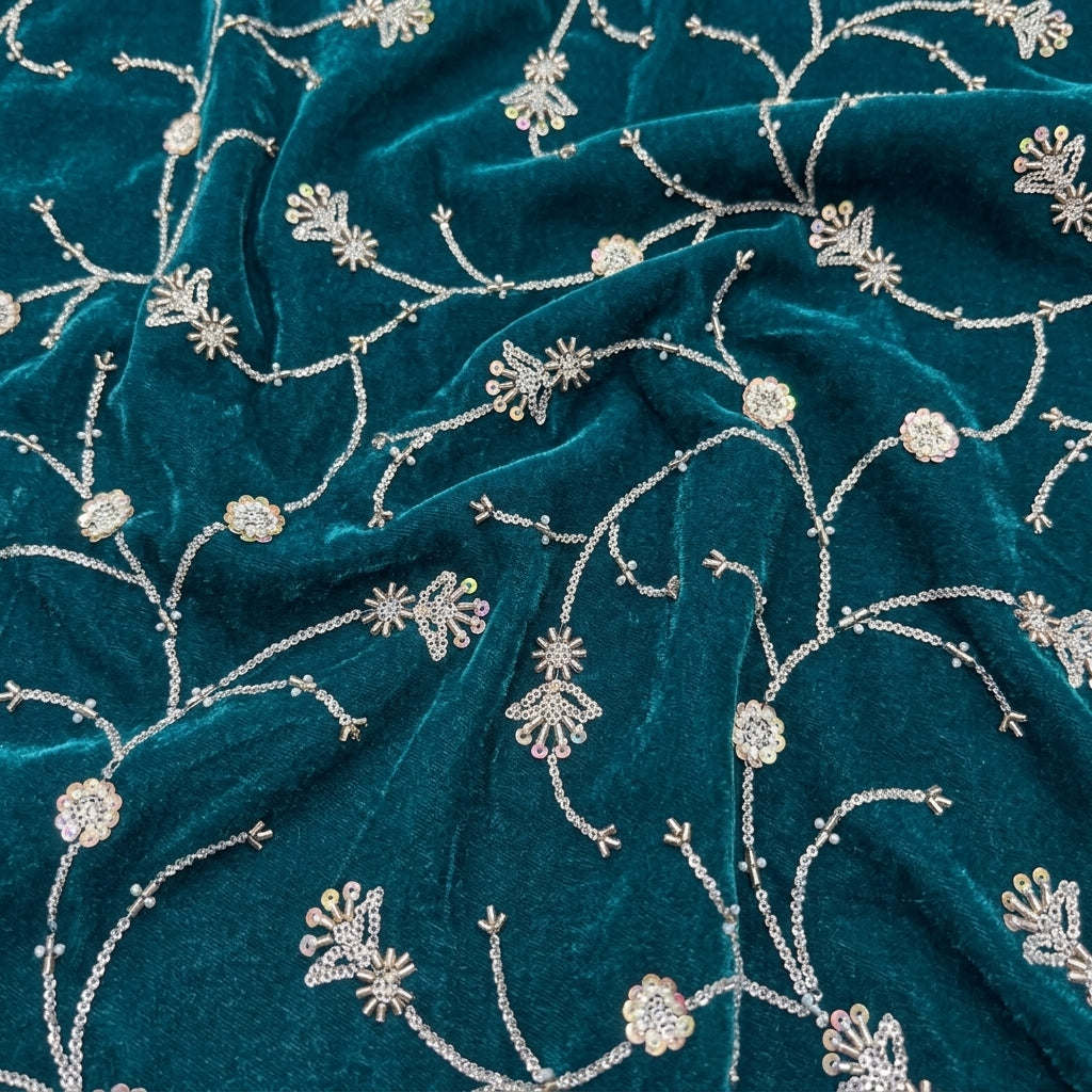Swirled Embroidery Green Embroidery Velvet Fabric