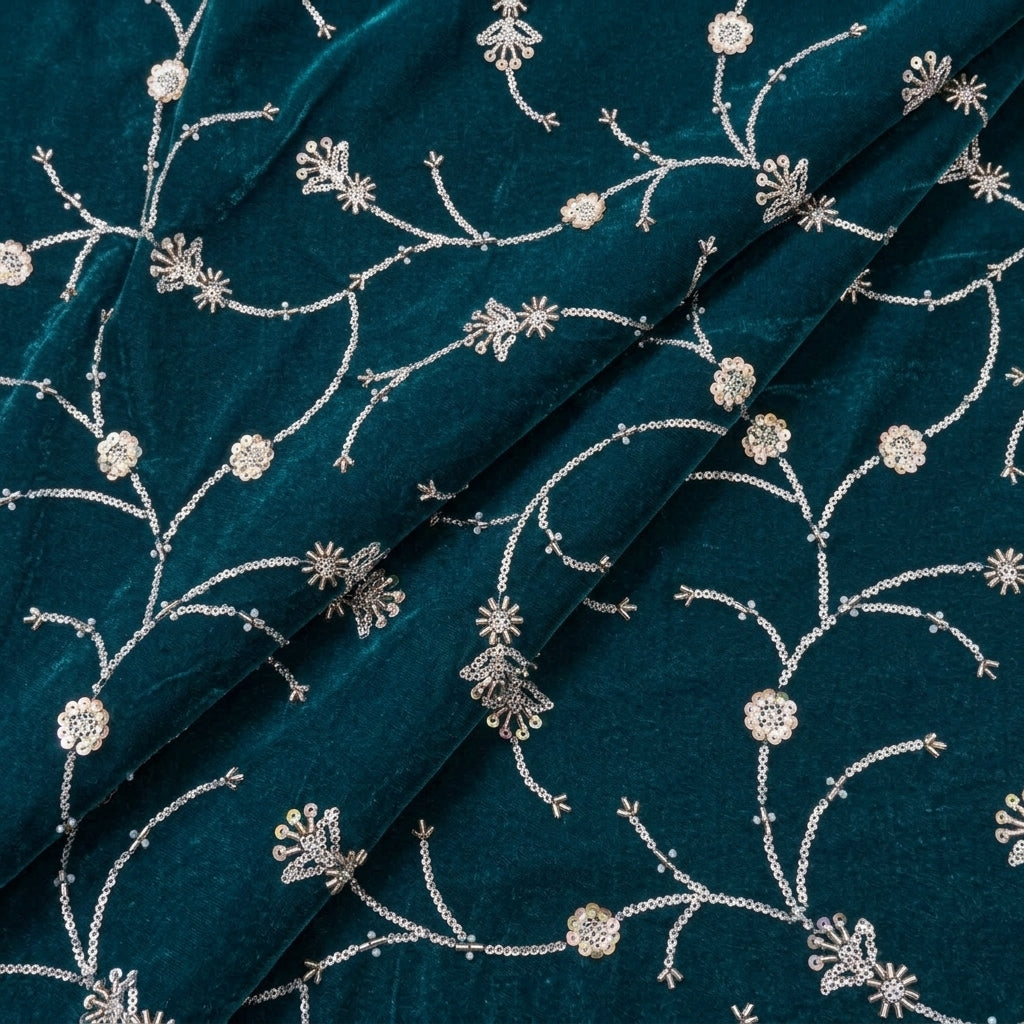 Folded Embroidery Green Embroidery Velvet Fabric