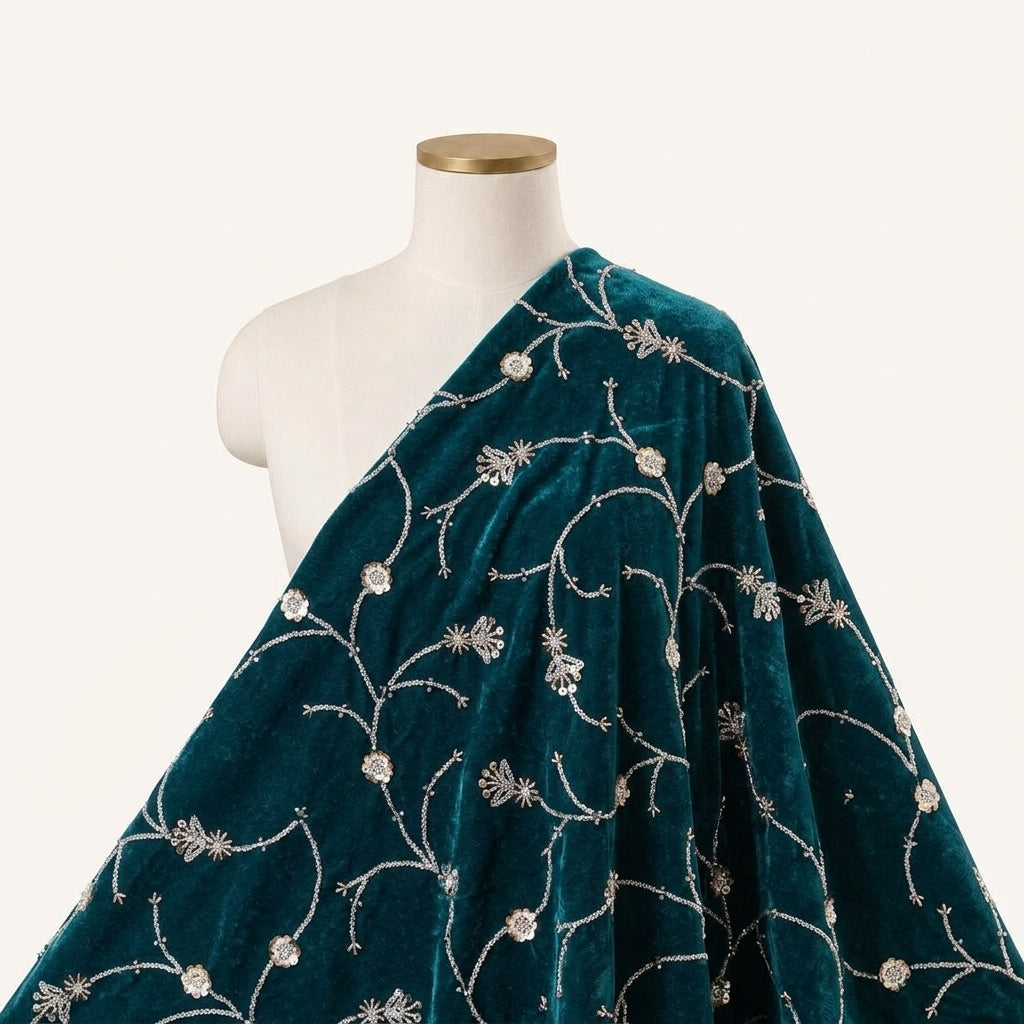 Embroidery Green Embroidery Velvet Fabric Draped as a saree