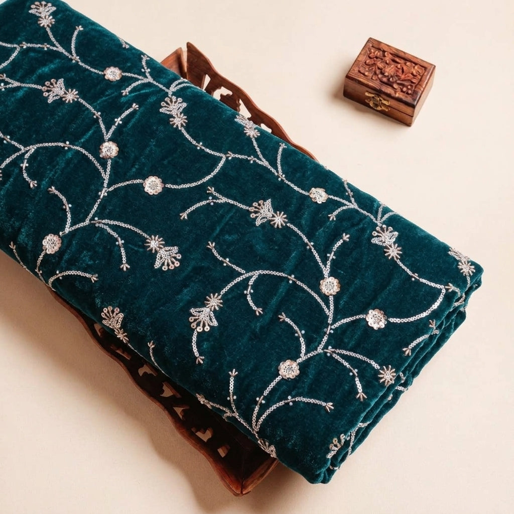 Folded Green Embroidery Velvet Fabric Highlighting Thread Work Floral Stone and Texture