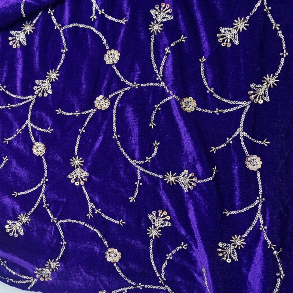 Swirled Embroidery Purple Embroidery Velvet Fabric