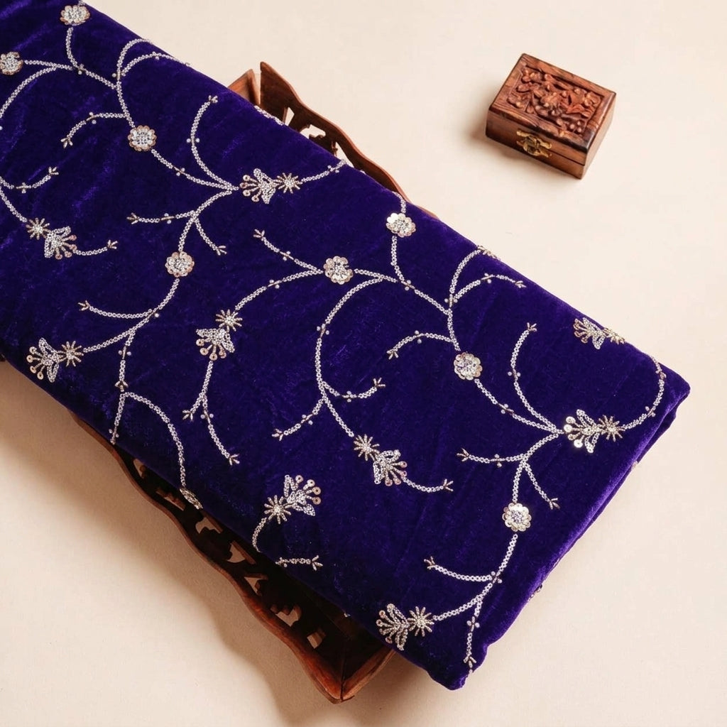 Folded Purple Embroidery Velvet Fabric Highlighting Thread Work Floral Stone and Texture