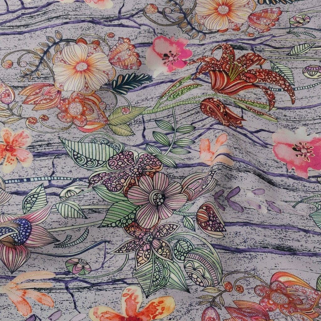 Swirled Foil Print Blue Foil Print Satin Fabric