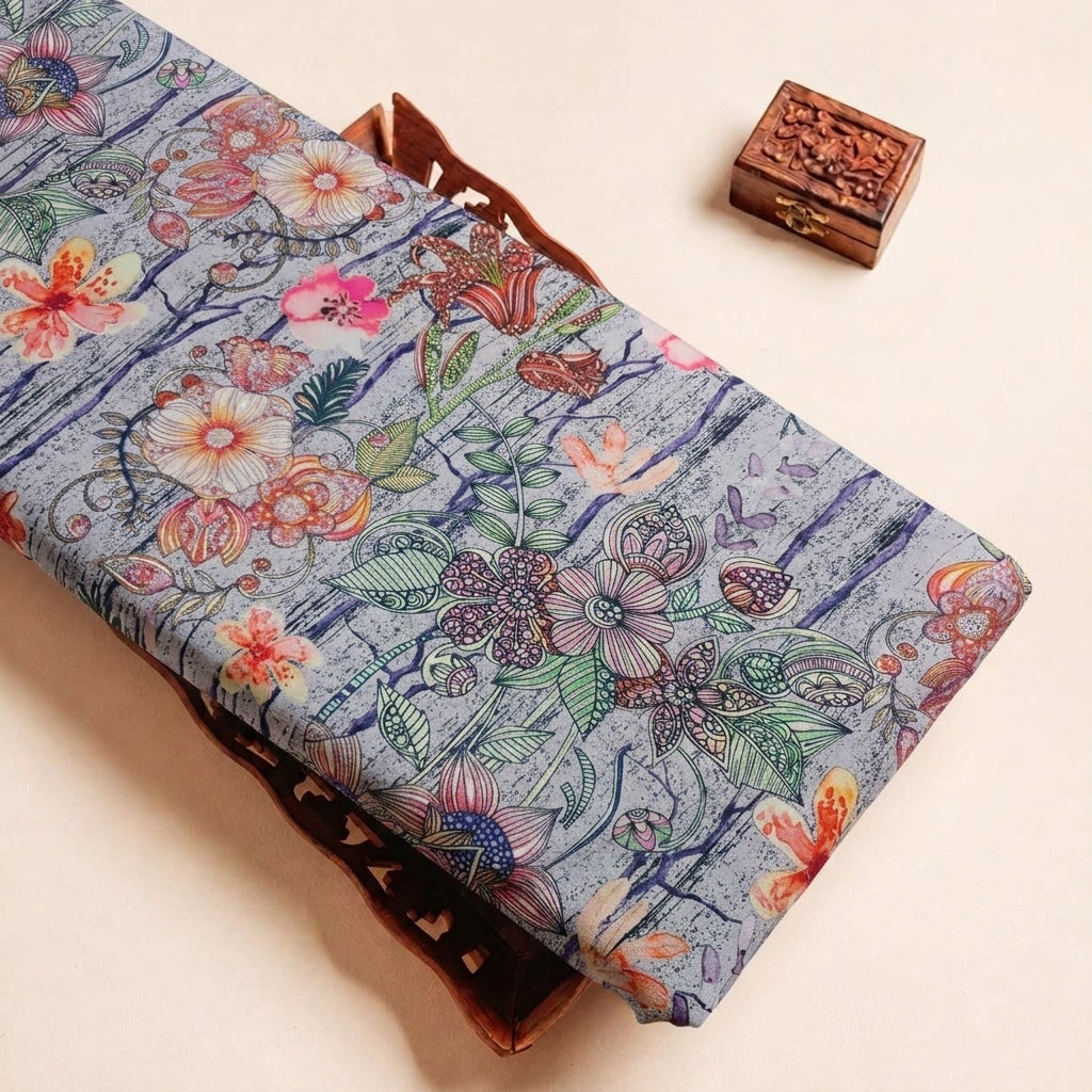 Folded Blue Foil Print Satin Fabric Highlighting Foil and Texture