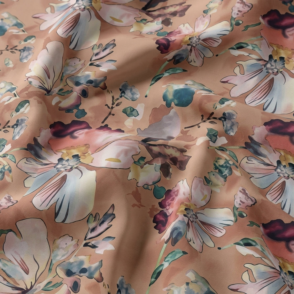 Swirled Floral Brown Floral Crepe Fabric