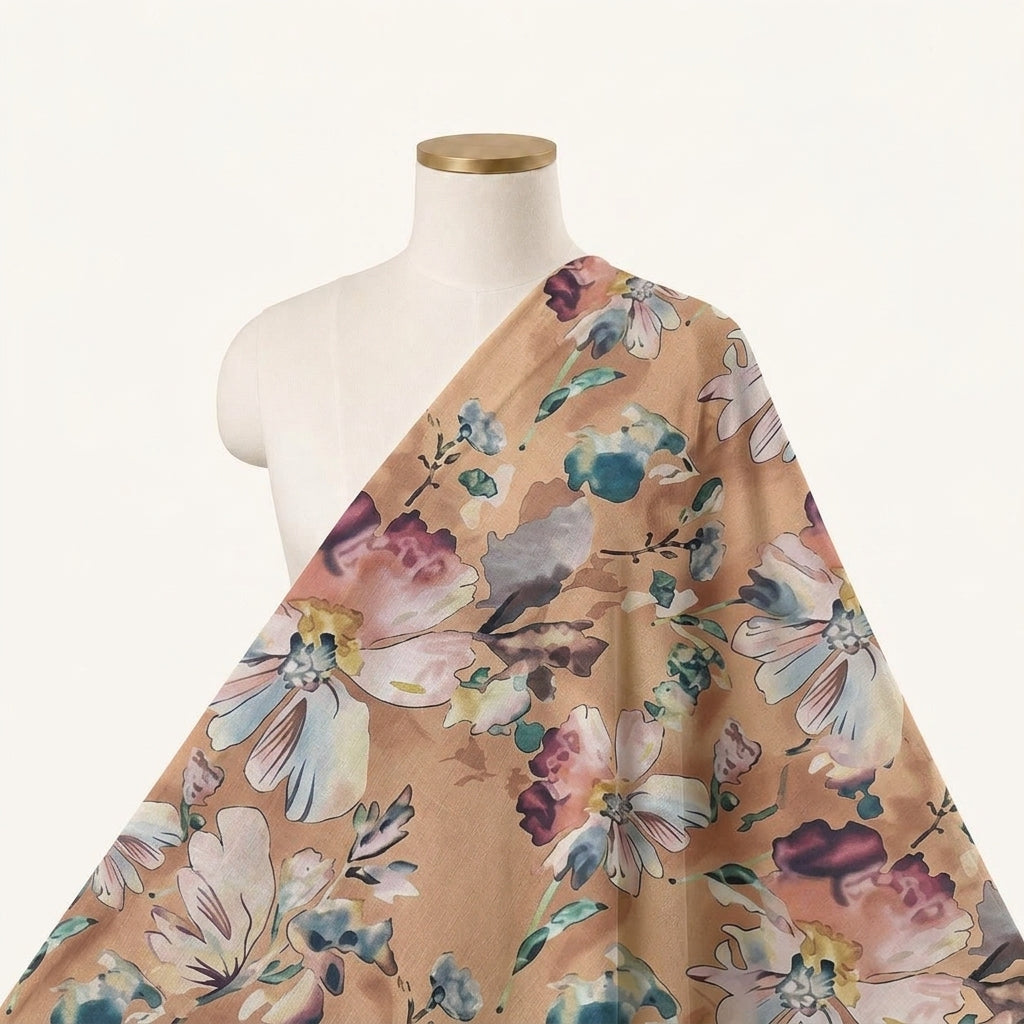 Floral Brown Floral Crepe Fabric Draped as a saree