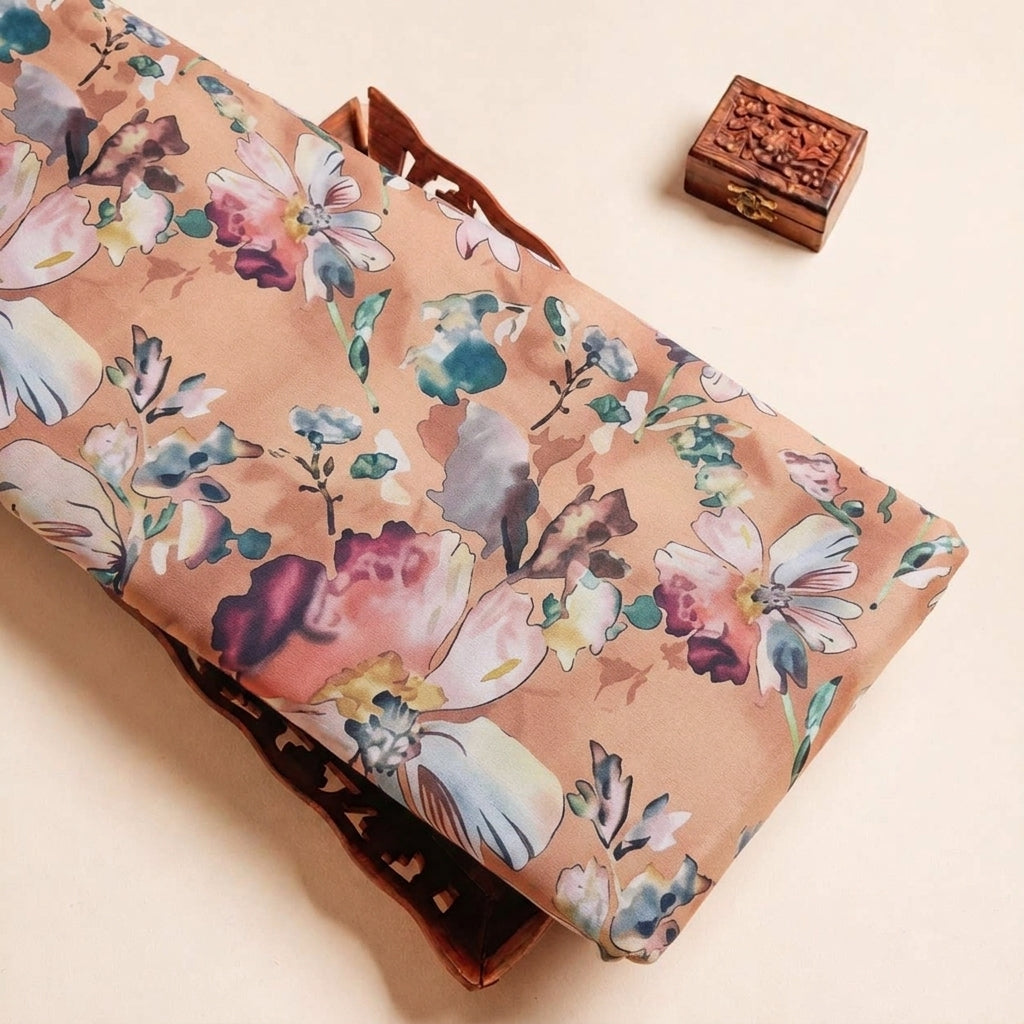 Folded Brown Floral Crepe Fabric Highlighting and Texture