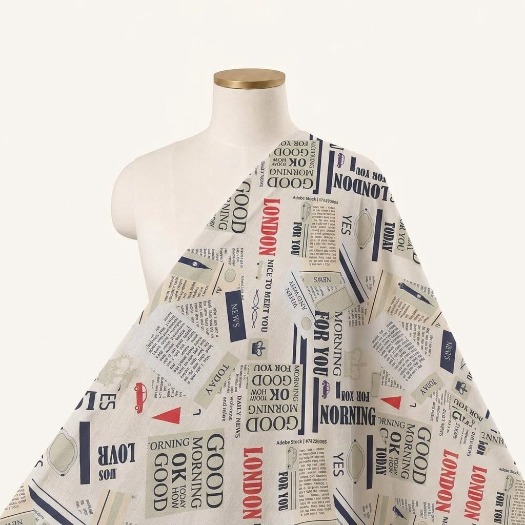 Printed Cream Printed Satin Fabric Draped as a saree