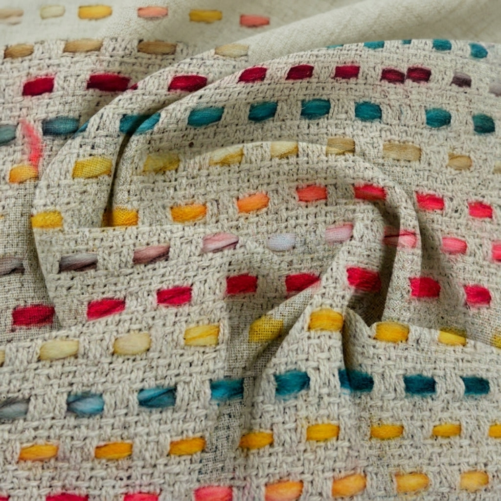 Swirled Embroidery Cream Embroidery Jute Fabric
