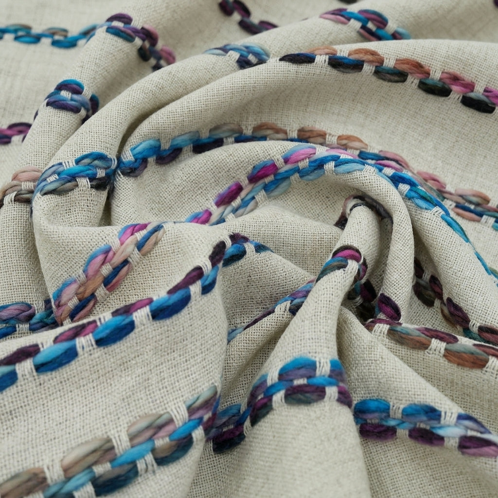 Swirled Embroidery Cream Embroidery Jute Fabric