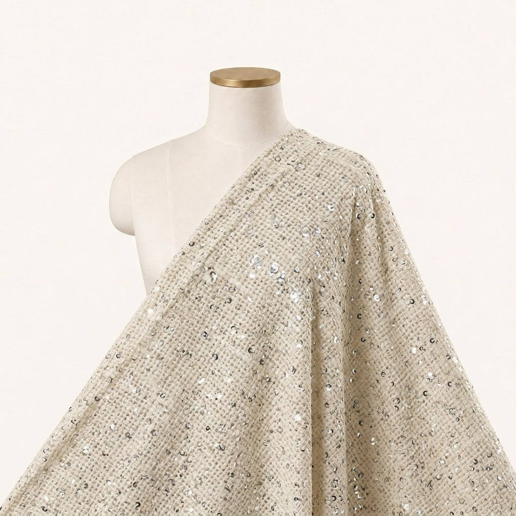 Beige Sequin Jute Fabric - EC15485