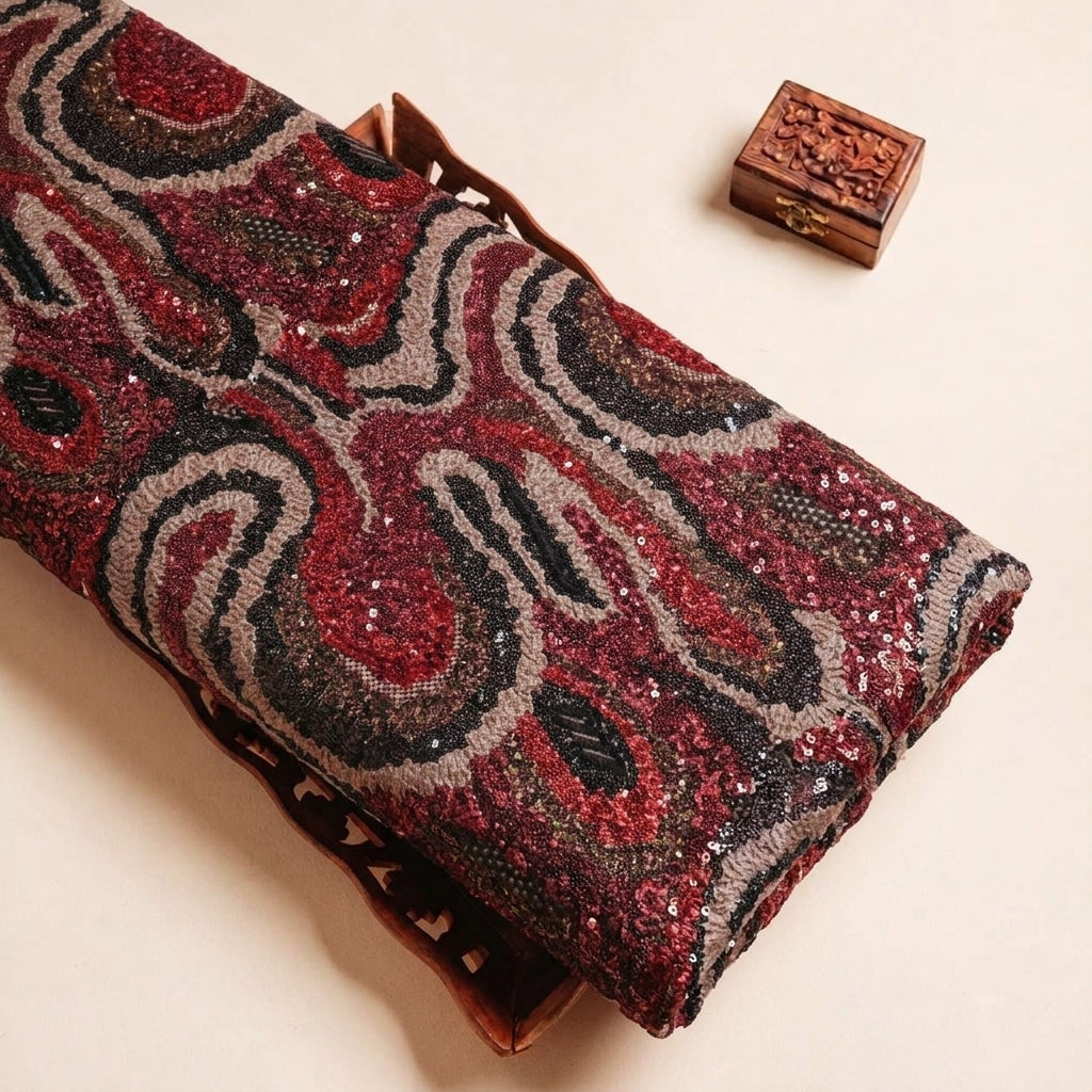 Folded Maroon Embroidery Net Fabric Highlighting and Texture