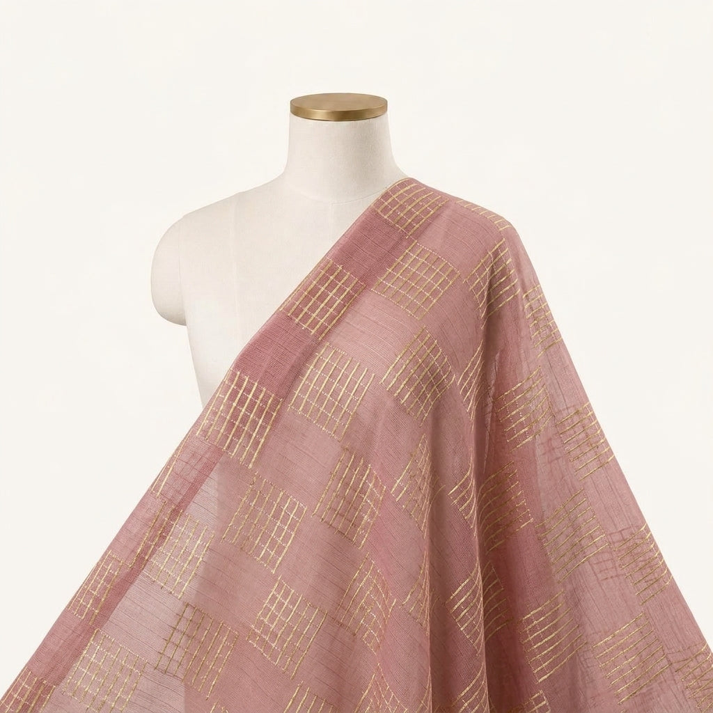 Zari Checked Rani Pink Zari Checked Chanderi Fabric Draped as a saree