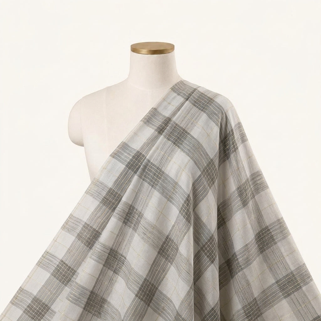 Zari Checked Grey Zari Checked Chanderi Fabric Draped as a saree