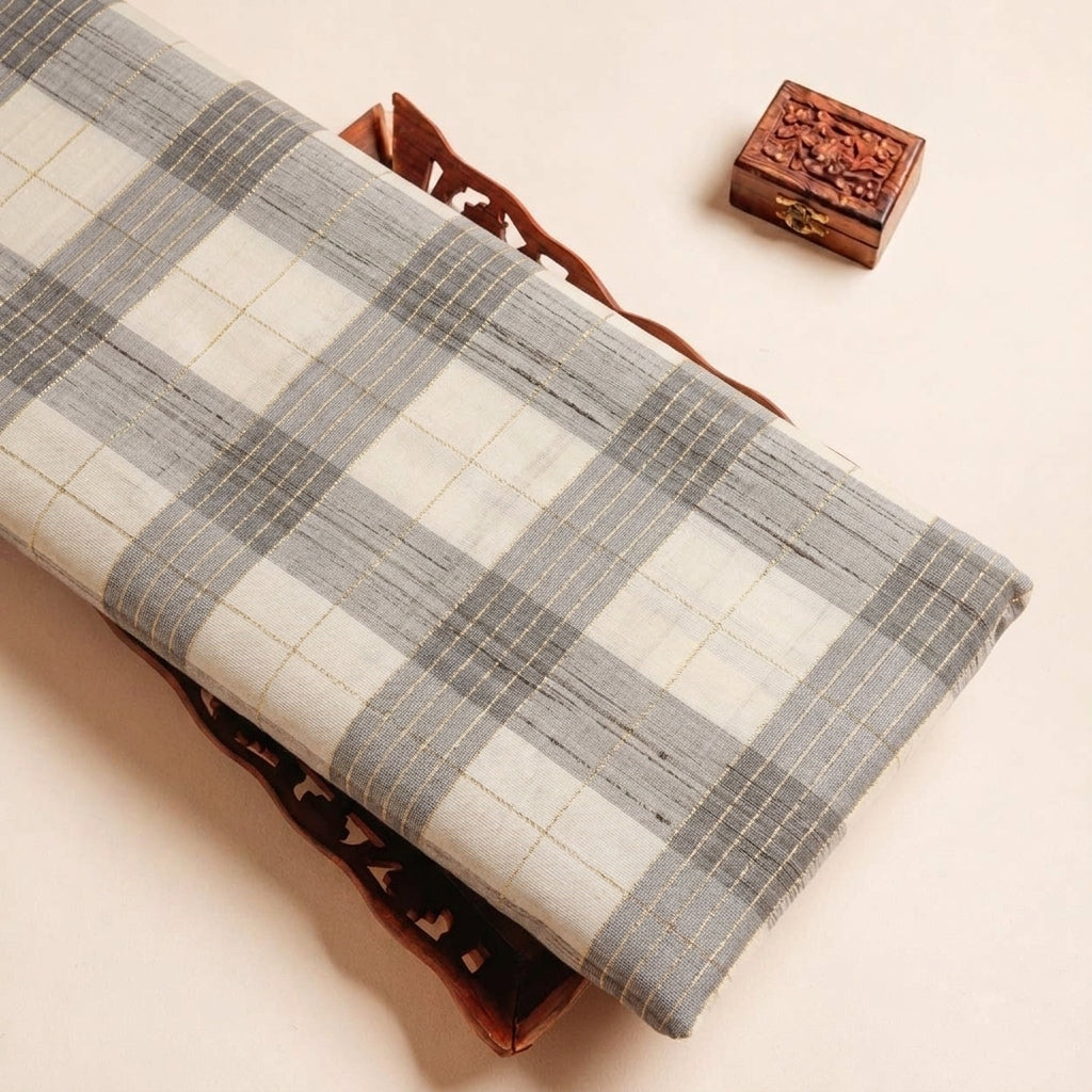 Folded Grey Zari Checked Chanderi Fabric Highlighting and Texture