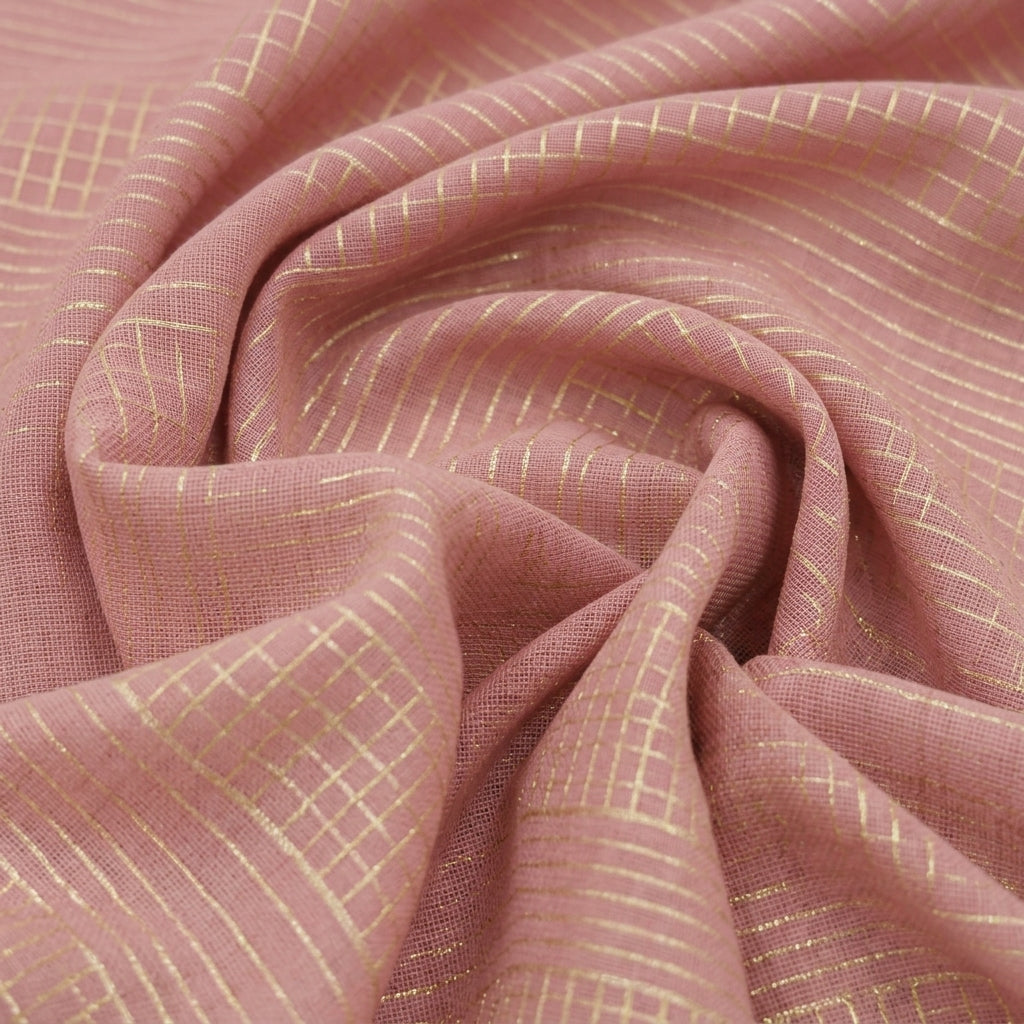 Swirled Zari Checked Pink Zari Checked Chanderi Fabric