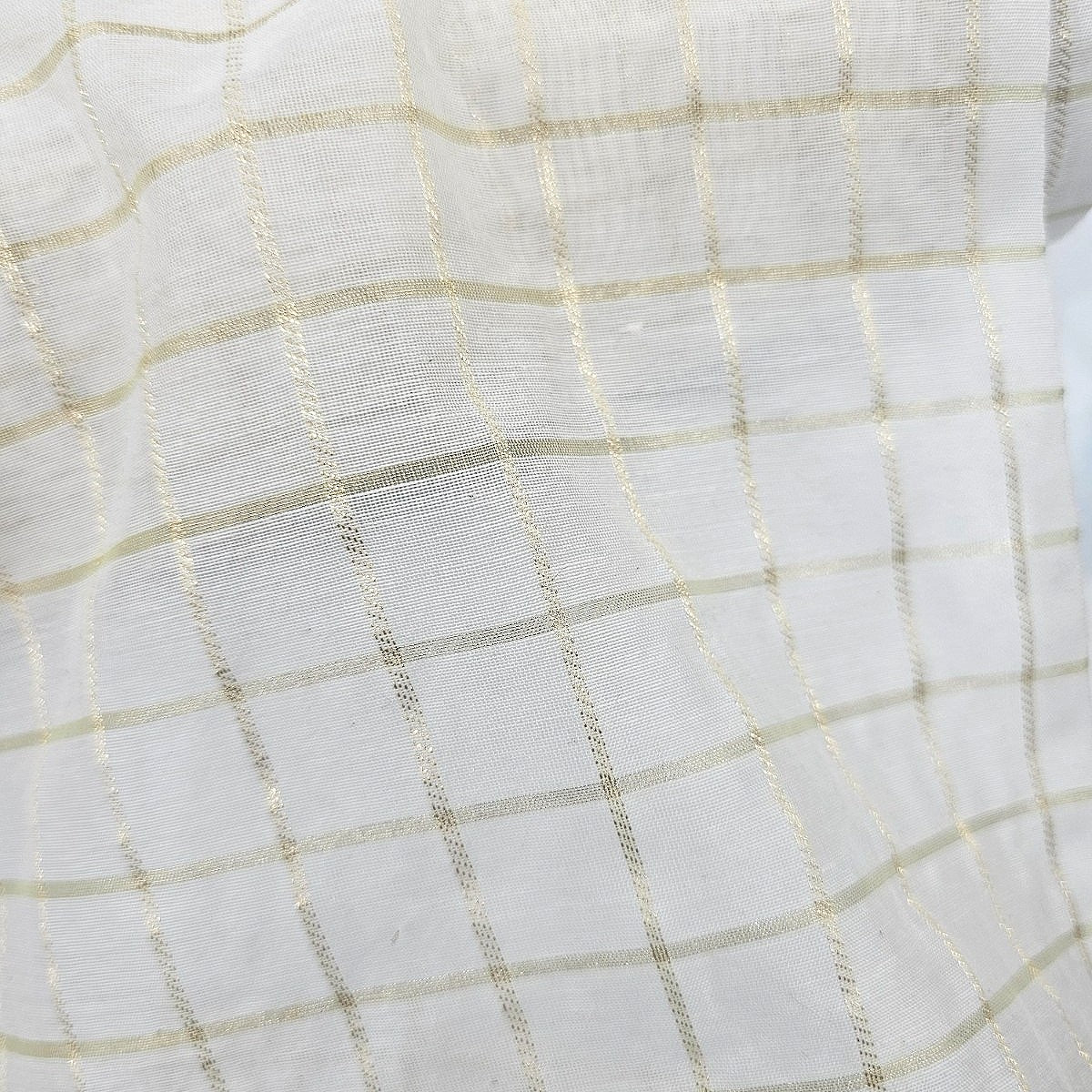Off White Zari Checked Chanderi Fabric - EC15686 - EC15686 - Flat fabric