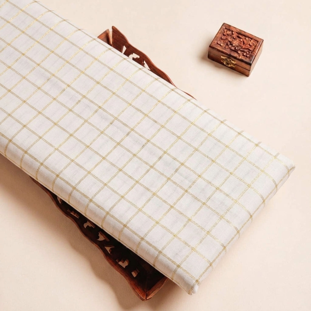 Folded Off White Zari Checked Chanderi Fabric Highlighting and Texture