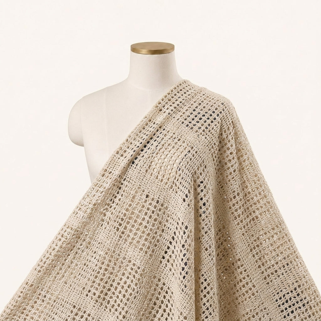 Beige Thread Work Jute Fabric - EC15745