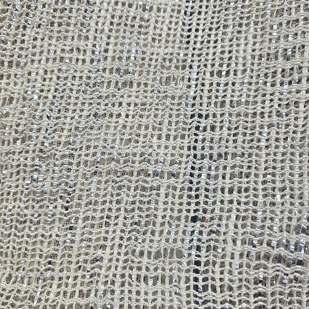 Beige Silver Thread Work Jute Fabric - EC15749