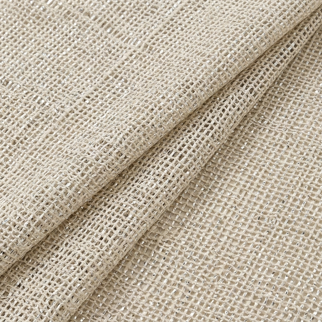 Beige Silver Thread Work Jute Fabric - EC15749