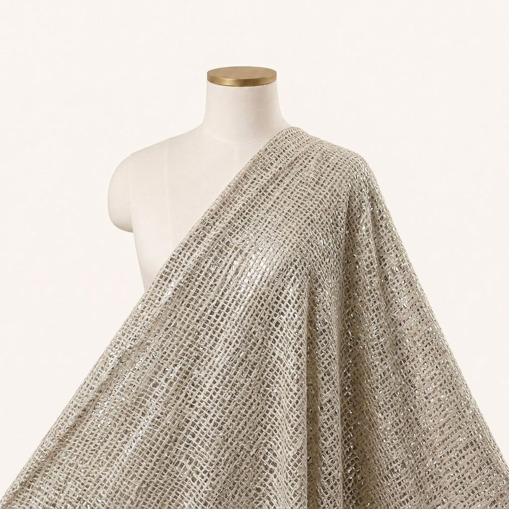 Beige Silver Thread Work Jute Fabric - EC15749